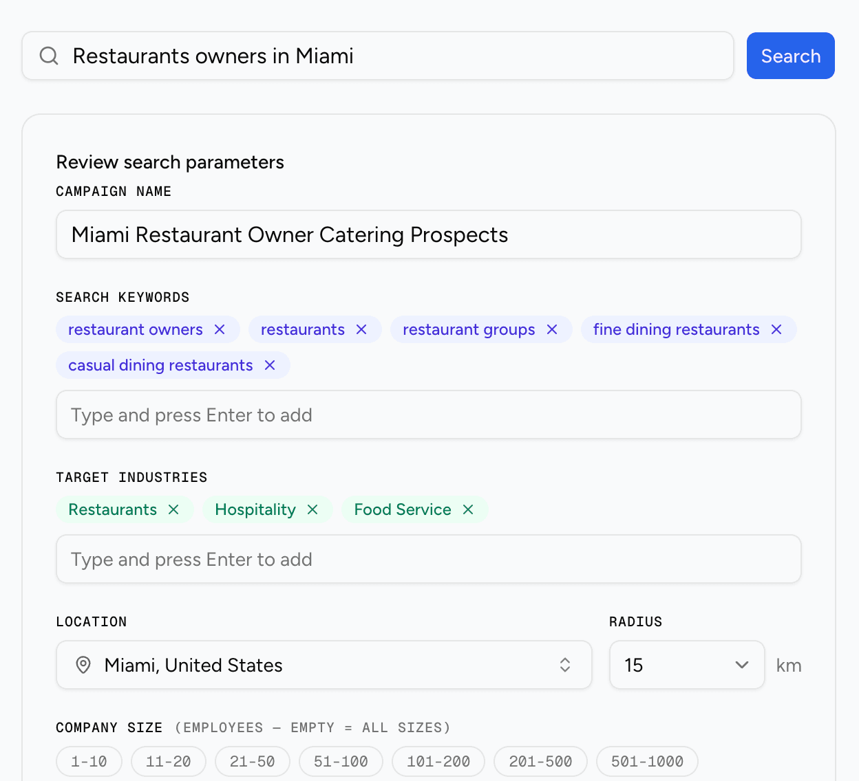 Miivo AI lead discovery search interface