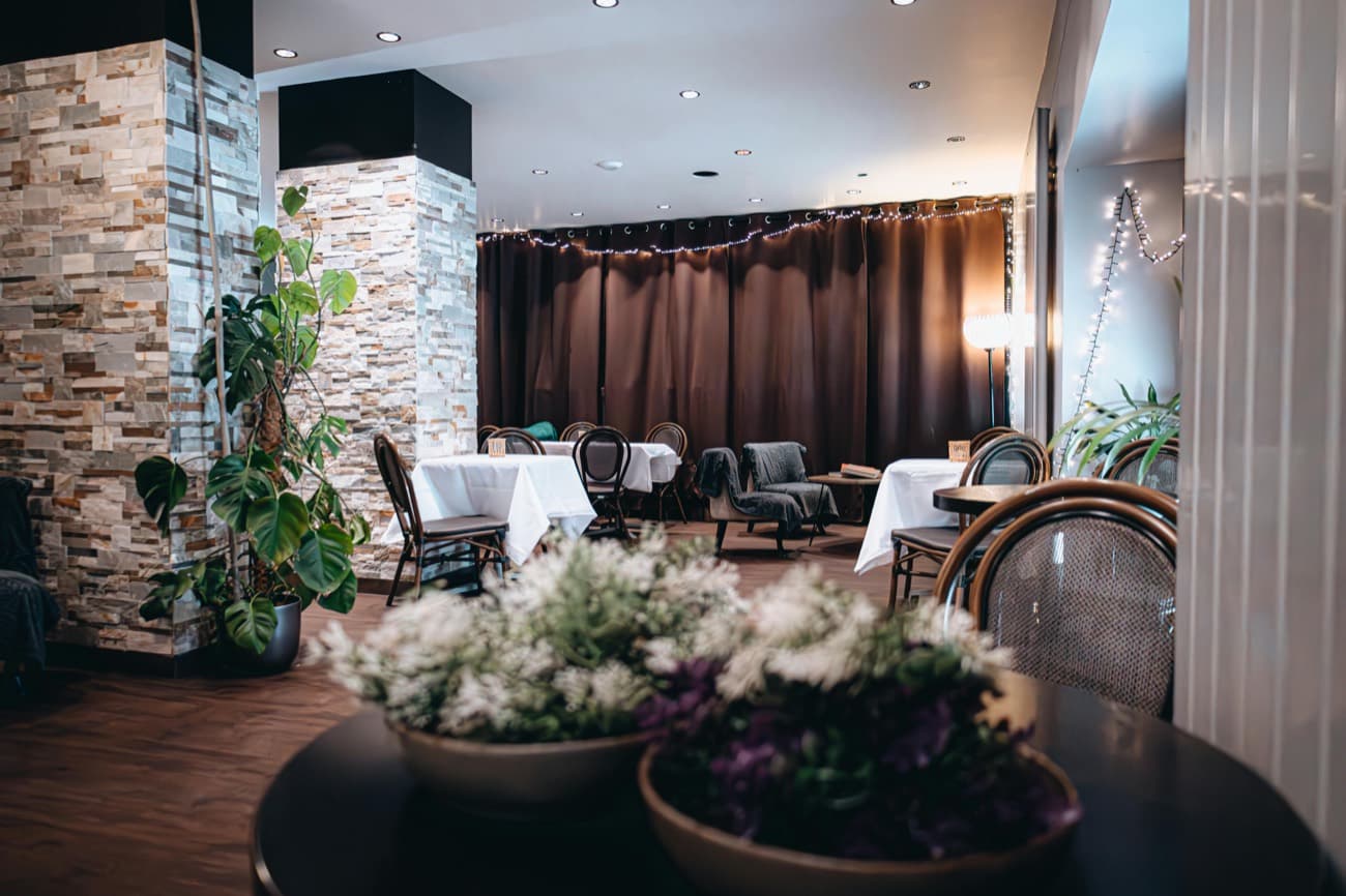 Restaurant interior at golden hour