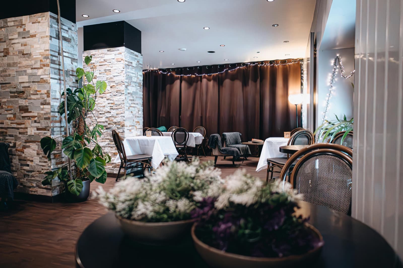 Warm restaurant interior at dusk